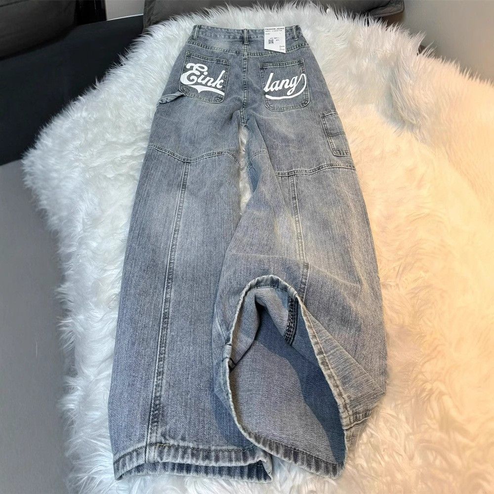 Men's Clothing Letter Print Design Straight Jeans Women's Summer New Loose Casual Scimitar Wide Leg Trousers_mkmklike.com