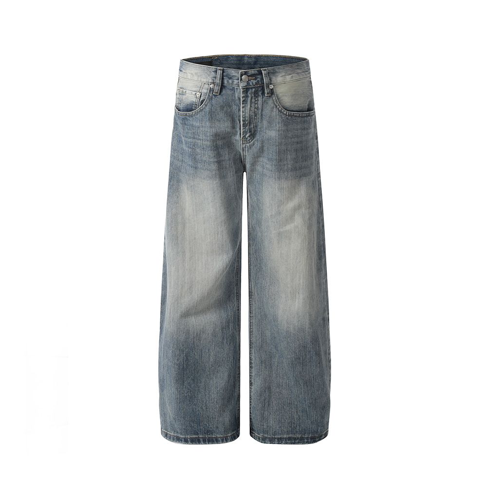 American Style Washed Gradient Jeans Men's Loose Wide-Leg Street Fashion Punk Distressed Straight Pants_mkmklike.com