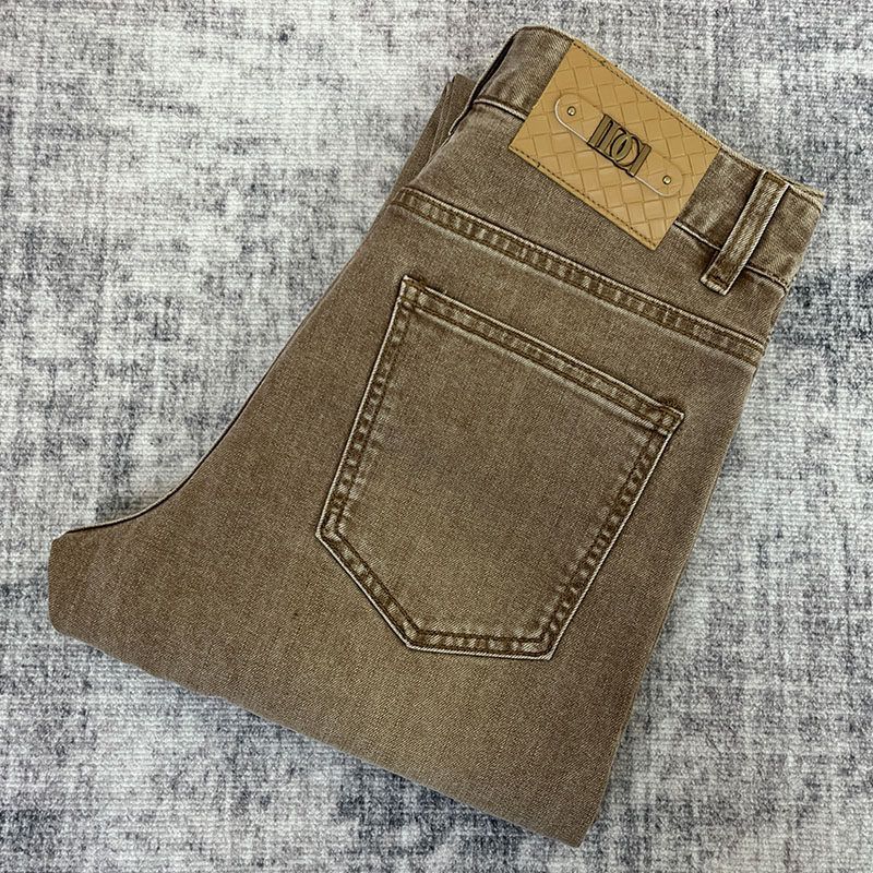 Men's High End European Style Slim Fit Jeans Khaki Minimalist Stretch Casual Long Pants Spring Summer Straight Leg_mkmklike.com
