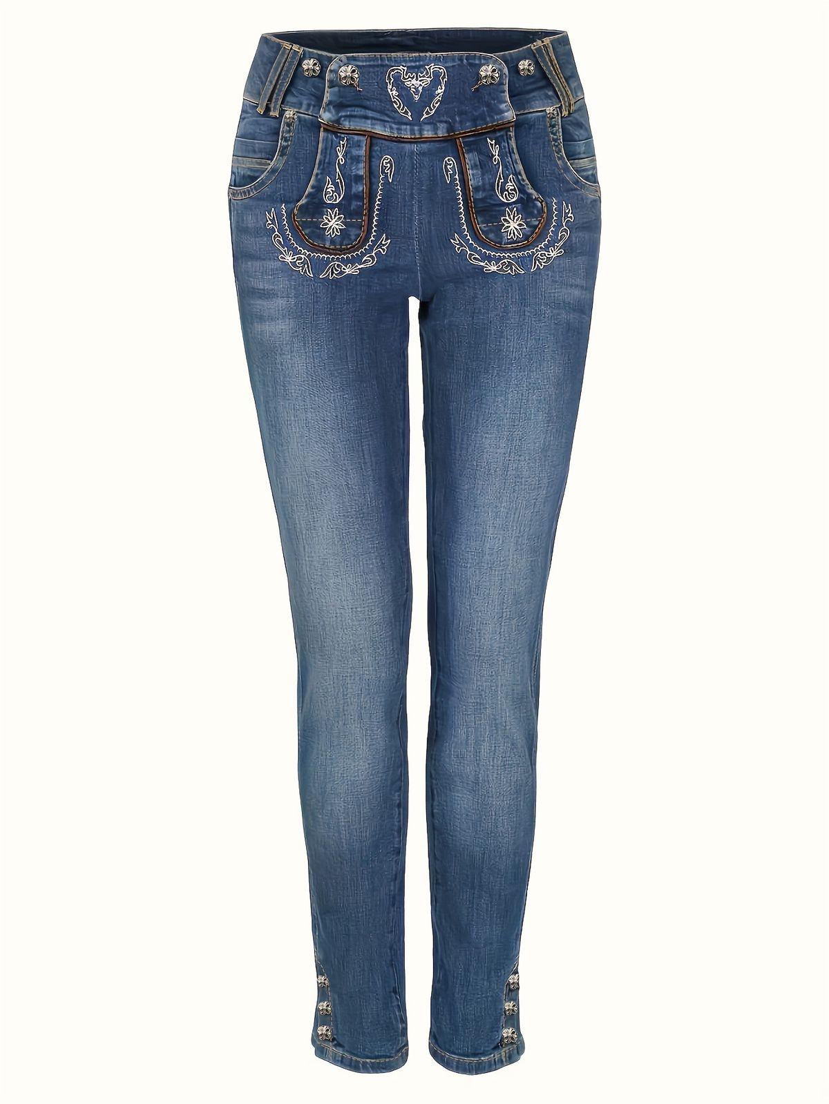 Vintage Embroidered Jeans For Women (High Waist, Straight Leg, Cotton Blend, Retro Floral Stitching, S-XXL, Dark Blue)_mkmklike.com