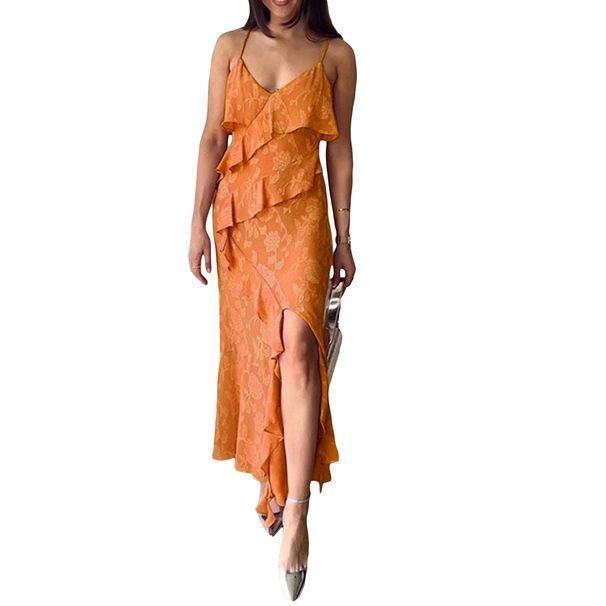 Women's Clothing Layered Irregular Ruffle Jacquard Suspender Slit Dress_mkmklike.com