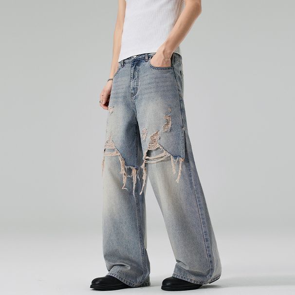 Men's Faux Two-Piece Patchwork Ripped Frayed Hem Straight Leg Jeans American Style Trendy Loose Fit For Men And Women_mkmklike.com