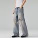Men's Faux Two-Piece Patchwork Ripped Frayed Hem Straight Leg Jeans American Style Trendy Loose Fit For Men And Women_mkmklike.com