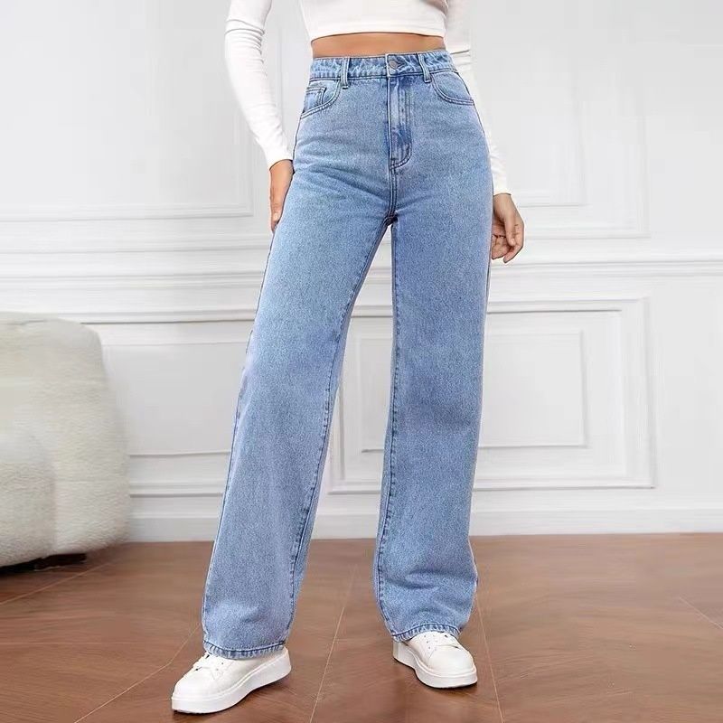 Trendy Girl Closet Trendy Girl Closet Cross-Border Foreign Trade European And American High-Waisted Women's Jeans Light Wash Loose Wide-Leg Plus Size_mkmklike.com