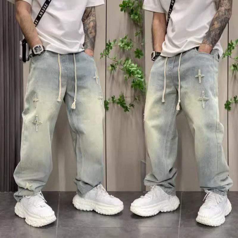 Vintage Washed Denim Pants – Men's High-Street Oversized Drawstring Trousers (S-Xxxl) Universal Fit Secret_mkmklike.com