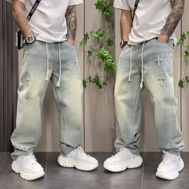 Vintage Washed Denim Pants – Men's High-Street Oversized Drawstring Trousers (S-Xxxl) Universal Fit Secret_mkmklike.com