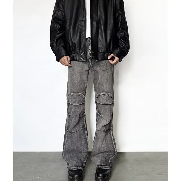 Men's High Street Grey Distressed Slim Fit Bootcut Jeans - Stretch Comfort & Urban Style (S-5XL, Black-Grey)_mkmklike.com