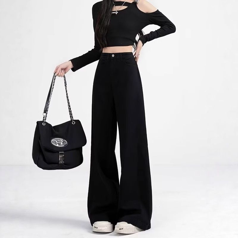Black Wide-leg Jeans For Women, 2025 New Plus-size High-waisted, Loose-fitting, Slimming, Straight-leg, Flared,_mkmklike.com