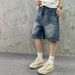 Men's Straight Leg Washed Blue Denim Shorts Retro Pocket Thick Casual Trendy Five Point Pants_mkmklike.com