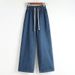 Plus-size Straight-leg Jeans Women, New Style For Plus-size Girls, Mid-waist, Loose Fit, Elastic Waist With Drawstring,_mkmklike.com