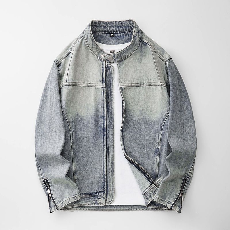Loom Unique Retro Stand Collar High-end European And American Street Style Cool Motorcycle Denim Jacket For Men_mkmklike.com