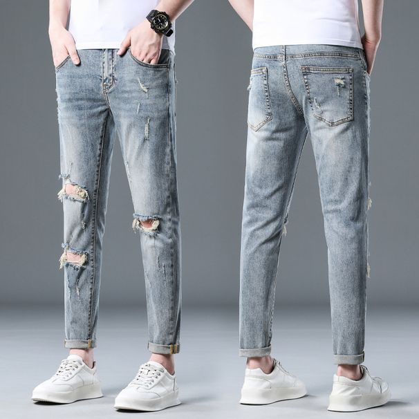 Men's High-End Slim Fit Ripped Cropped Jeans 2024 Trendy Brand Skinny Jeans for Summer Versatile_mkmklike.com