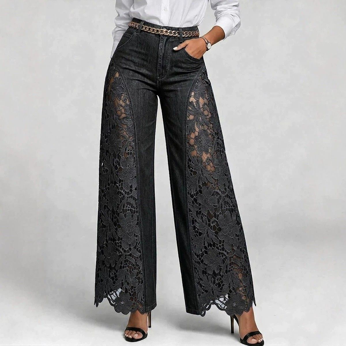 Women's Washed Denim Lace Patchwork Long Jeans Relaxed Everyday Wear Versatile Comfortable Feshion Trend_mkmklike.com