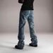 Men's Casual Washed Blue Jeans High Elasticity Loose Fitting Slightly Flared Distressed And Faded Finish With Totem Pattern_mkmklike.com