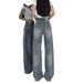 Retro High-Waisted Wide-Leg Jeans for plus Size Women Loose Fitting Straight Leg Solid Color High Street Design Pear Shaped Figure_mkmklike.com