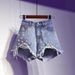 Embellished Denim Shorts Stylish Beaded High-Waisted Casual Shorts ( Cotton-Poly Blend, Distressed Hem & Rhinestone Accents, Comfortable Loose Fit)_mkmklike.com