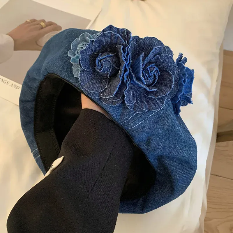 Hot Sale Denim Flower Elegant Summer Spring Berets Ladies Women Girls Fashion Trendy Outdoor Street Cap_mkmklike.com
