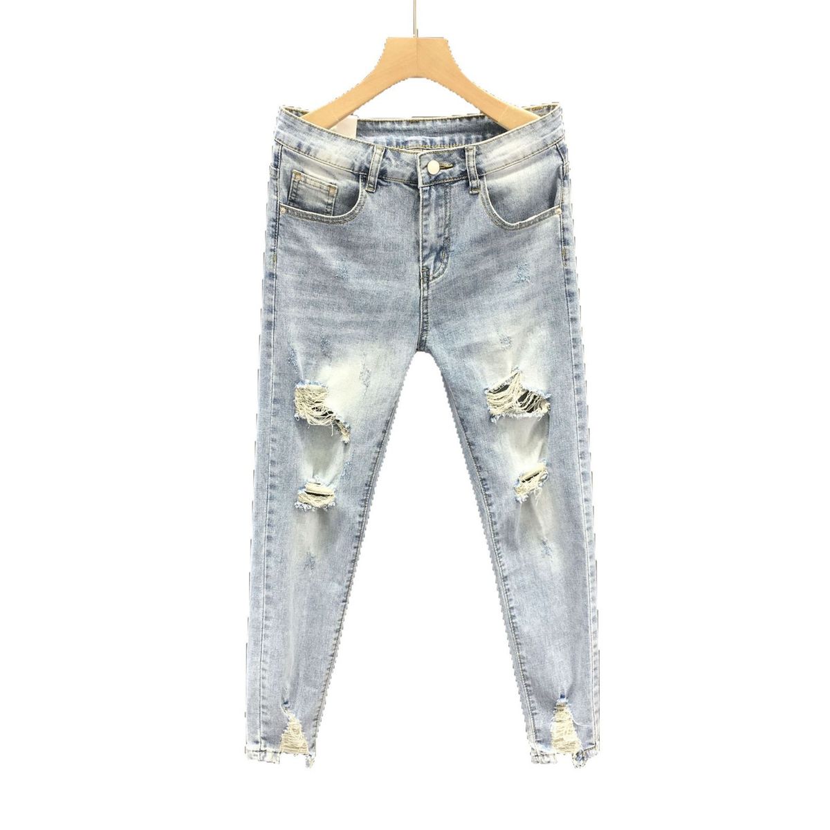 Ins Korean Version Men's Ripped Hole Slim Fit Nine Inch Jeans Summer Youth Fashion Light Blue Rotten Legs Tight Fitting_mkmklike.com