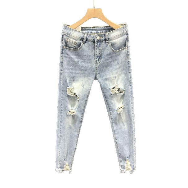 Ins Korean Version Men's Ripped Hole Slim Fit Nine Inch Jeans Summer Youth Fashion Light Blue Rotten Legs Tight Fitting_mkmklike.com