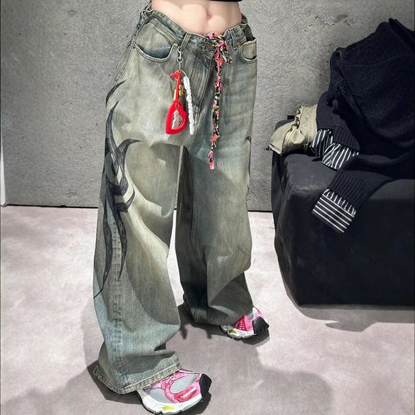 Printed Wide-Leg Jeans For Women - Vintage Washed Denim Pants With Streetwear Graphics (Blue)_mkmklike.com