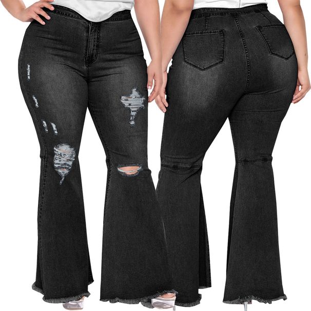 Women's Clothing Fashionable Slim Wide Leg Ripped Holes Plus Size Fat Mm Flared Jeans_mkmklike.com