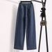 Real Shot Of Loose High-waisted Dark Wash Straight-leg Spring Women's Elastic Waist Plus-size Long Pants, Wide-leg_mkmklike.com