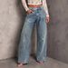 Women's Stretch Denim Jeans With Rhinestone Embellishments - Straight Leg, Comfort Fit, Blue Wide Leg Trousers For Casual & Office Wear_mkmklike.com