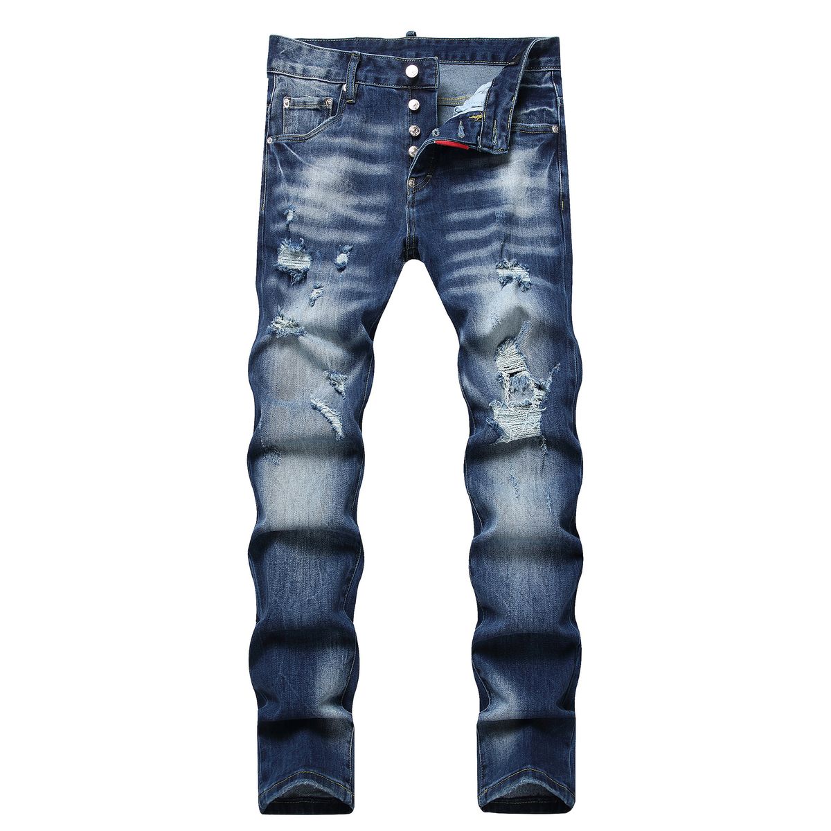 Men's Ripped Knee Distressed Slim Fit Skinny Jeans With Whisker Fading, Stretch Denim Trousers For Casual Street Style_mkmklike.com