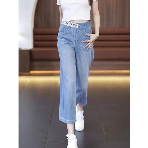 Women's Summer Thin Straight Leg Jeans Loose Fit Elastic Waist Cropped Wide Leg Pants Plus Size Pear Shaped Figures_mkmklike.com
