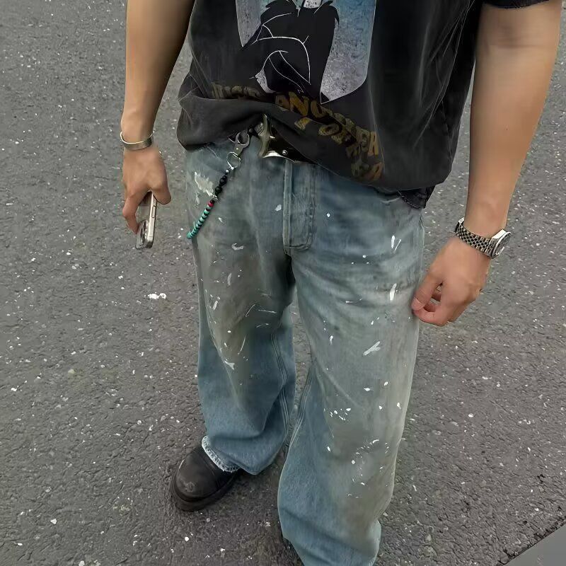Men's Wide Leg Straight Leg Jeans Spring Retro Trendy Brand Design Splatter Paint Flow Versatile Denim_mkmklike.com