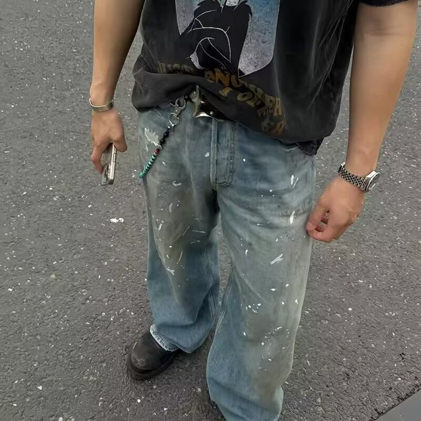Men's Wide Leg Straight Leg Jeans Spring Retro Trendy Brand Design Splatter Paint Flow Versatile Denim_mkmklike.com