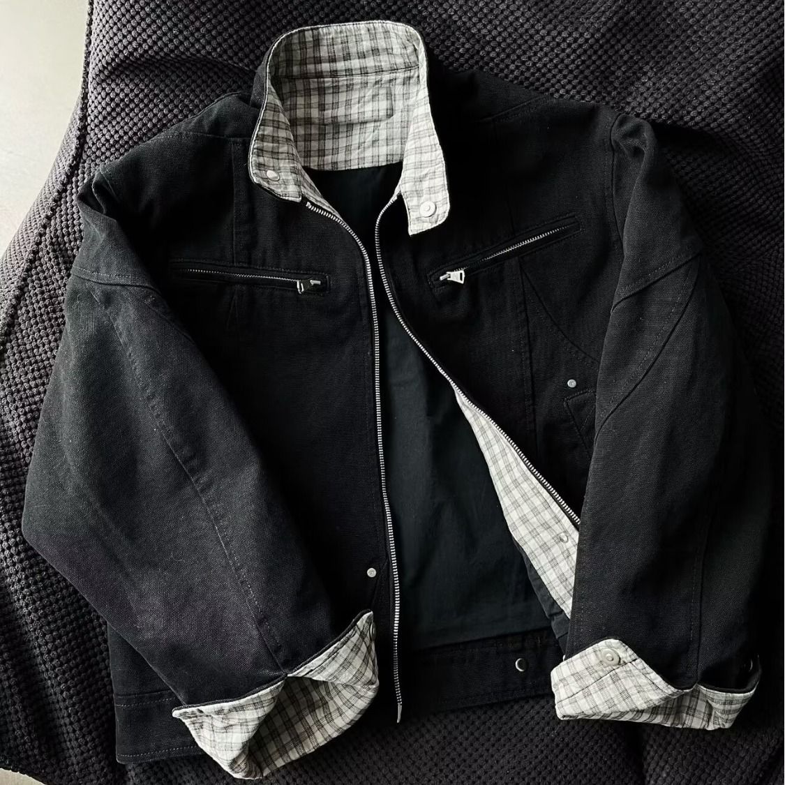 Cleanfit Harrington Patchwork Stand Collar Men Autumn Winter Trendy American Retro Plaid Baseball Jacket Coat_mkmklike.com