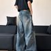 Unisex Retro American Washed Deconstructed Curved Blade Jeans Trendy Straight Leg Relaxed Fit Wide Leg Floor Length_mkmklike.com