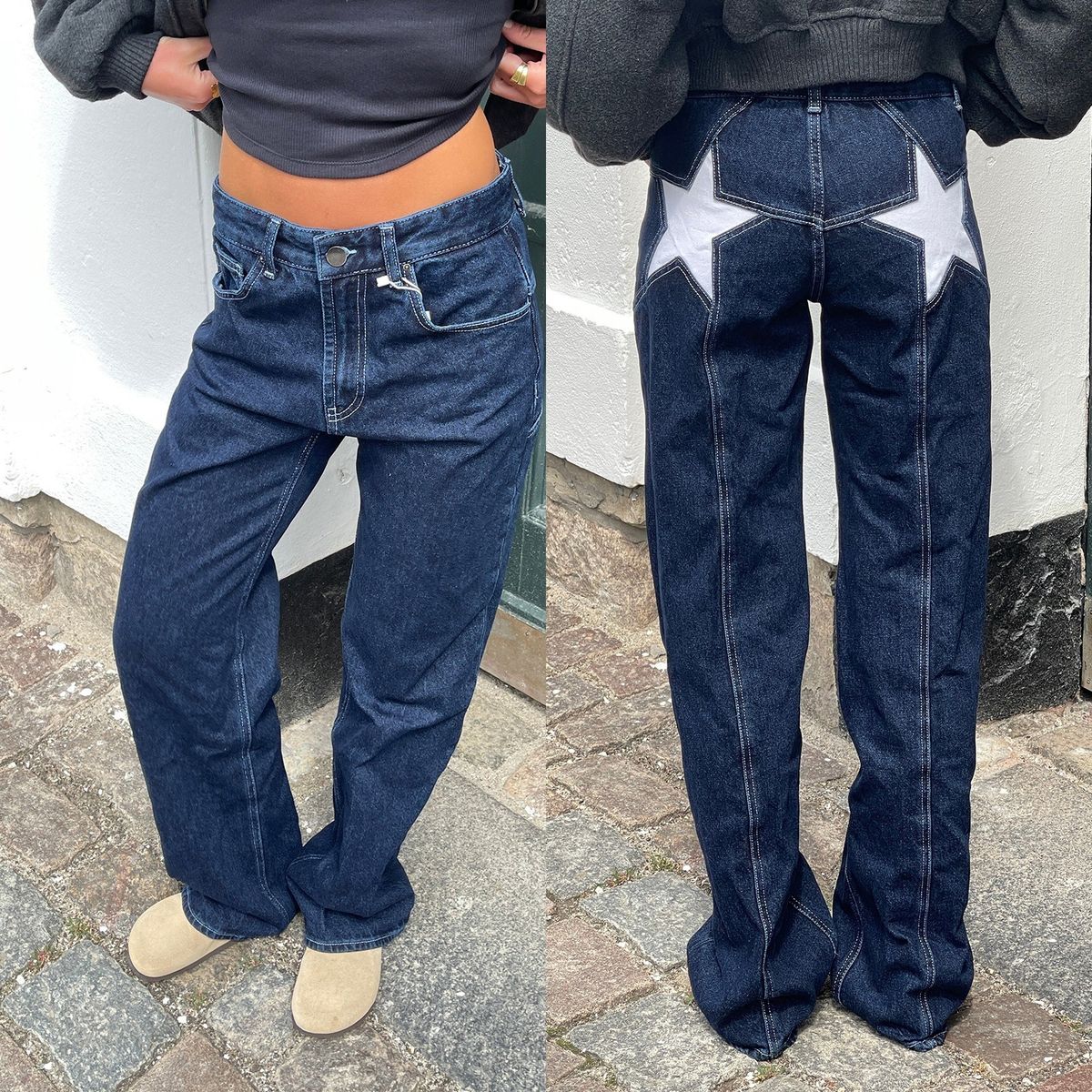 Women's Retro Y2k Low Waist Wide Leg Jeans Contrast Color Stitching Five-Pointed Star Detailing Hot Girl Denim_mkmklike.com