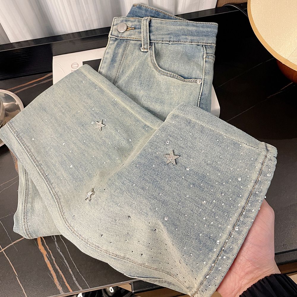 Women's Sparkly Light Blue High Waisted Jeans – Stretchy Slim Fit With Slight Flare, Heavy Duty Denim For Spring & Autumn_mkmklike.com