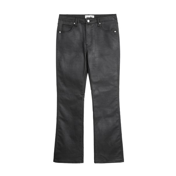 High Street Black Flared Waxed Jeans – Coated Denim Trousers With Vintage Loose Fit, Trendy & Fashionable For Men_mkmklike.com