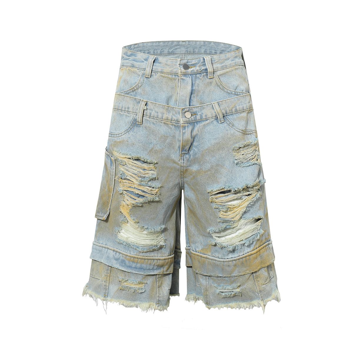 Men’s Clothing Fashion Brand High Street RO Style Shorts Washed Ripped Jeans Straight Leg Personalized Short Pants_mkmklike.com