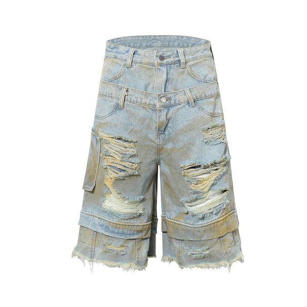 Men’s Clothing Fashion Brand High Street RO Style Shorts Washed Ripped Jeans Straight Leg Personalized Short Pants_mkmklike.com