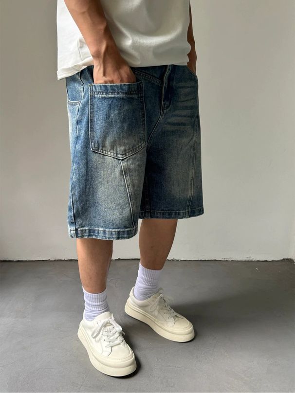 Men's Casual Denim Shorts Distressed Design Front And Back Panel Stitching Straight Leg Loose Fit Wide Leg_mkmklike.com