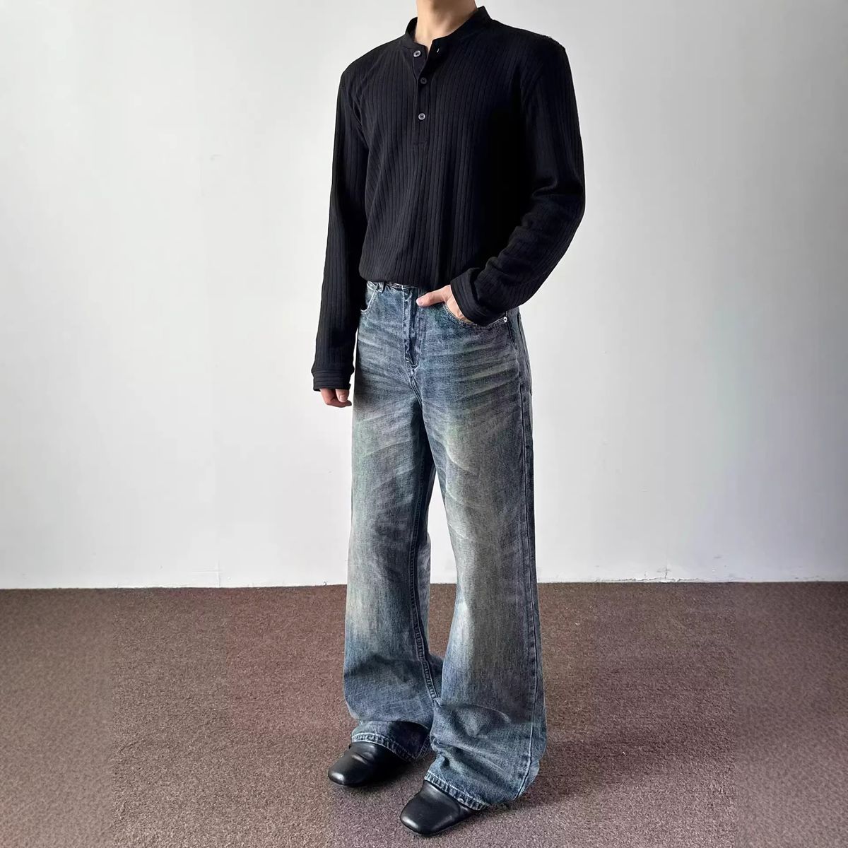 Men's American Style Washed Distressed Wide Leg Jeans Blue Loose Fit Straight Leg Casual Trousers_mkmklike.com