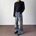 Men's American Style Washed Distressed Wide Leg Jeans Blue Loose Fit Straight Leg Casual Trousers_mkmklike.com