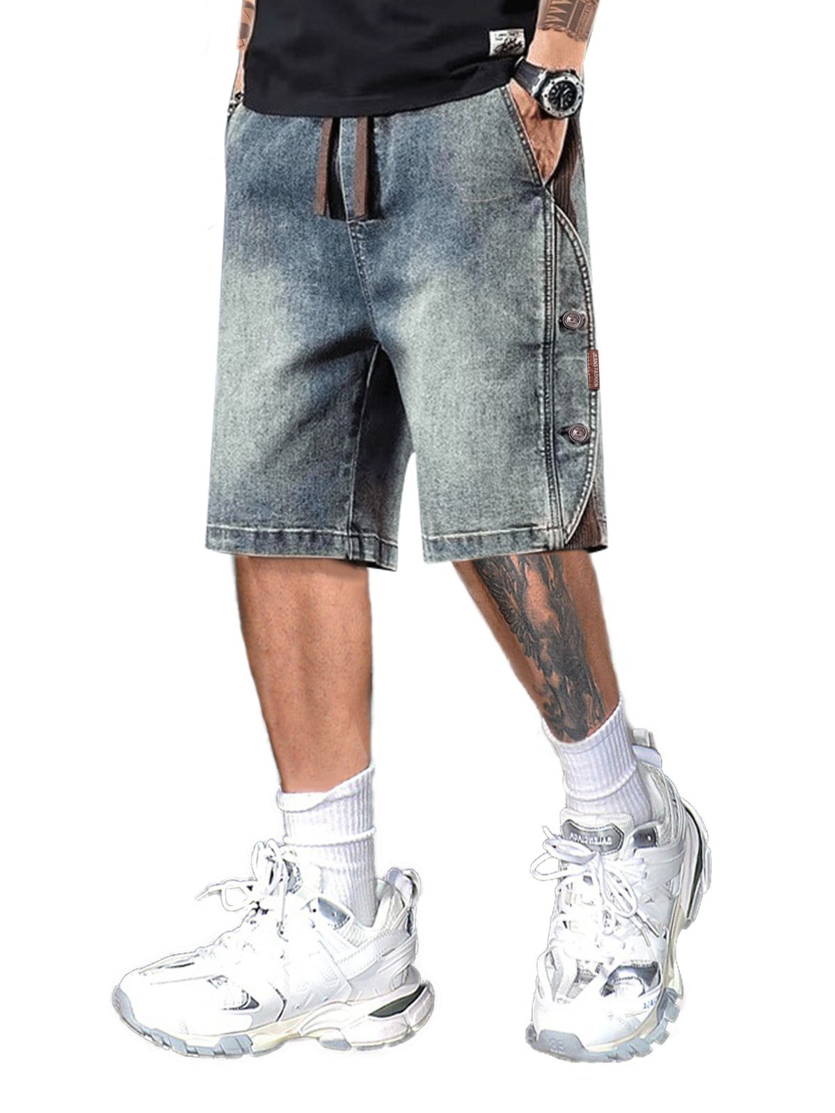 Men's Retro Blue Shorts Decorative Button Details 5 Inch Inseam Loose Straight Leg Casual Breathable Summer Shorts_mkmklike.com
