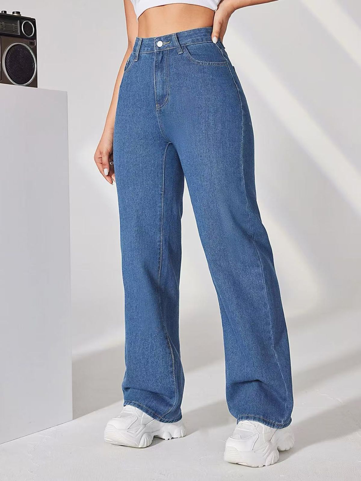 High-Waisted Straight Leg Jeans – Classic Navy, Tailored Fit (XS-5XL)_mkmklike.com