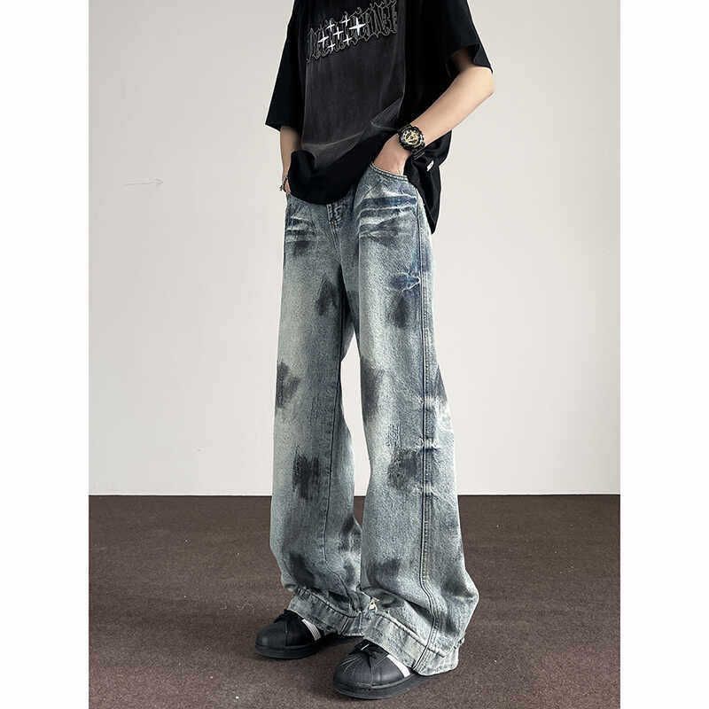 Vintage Washed Men's Distressed Jeans - Loose Straight Leg Hip Hop Streetwear Pants With Retro Design_mkmklike.com