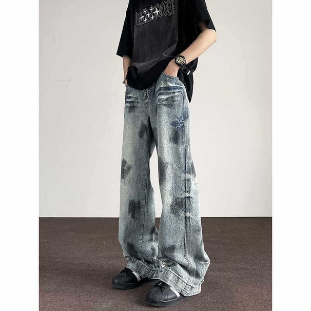 Vintage Washed Men's Distressed Jeans - Loose Straight Leg Hip Hop Streetwear Pants With Retro Design_mkmklike.com