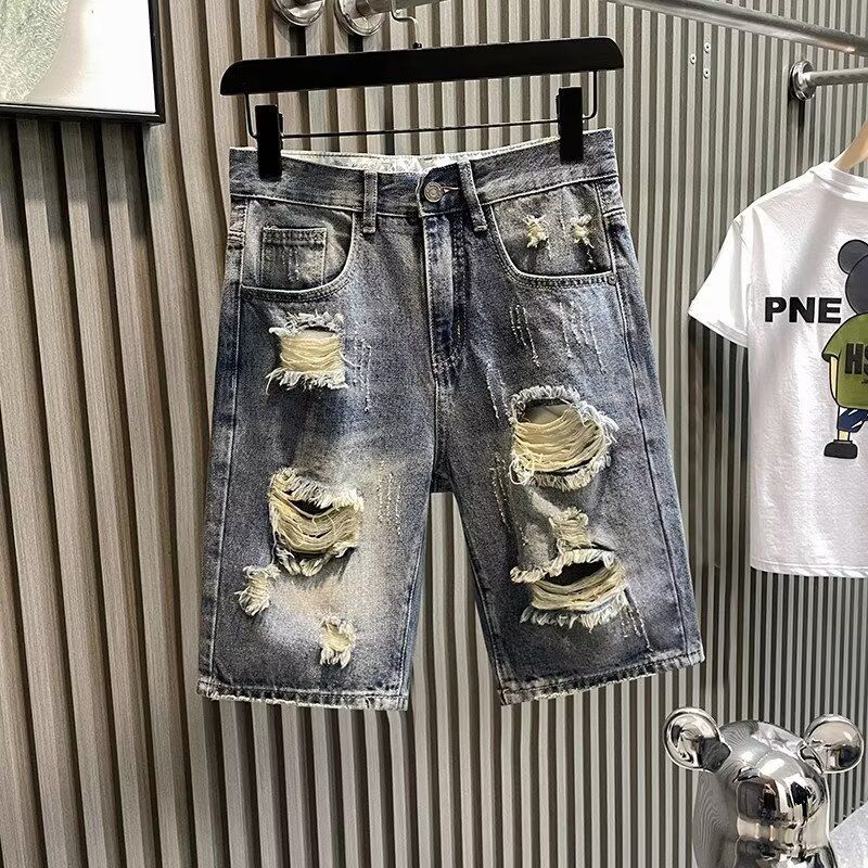 Men's Trendy Ripped Denim Shorts High End Style Five Point mid Length Casual Summer Pants for Teenagers_mkmklike.com