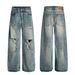 Men's Clothing Retro Street Neutral High End Washed Blue Street Tide Hole Design Loose Men's Scimitar Jeans_mkmklike.com
