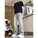 Men's Ripped Straight Leg Jeans Diagonal Cut Loose Fit Summer Style American High Street Trendy Slightly Flared Long Pants_mkmklike.com