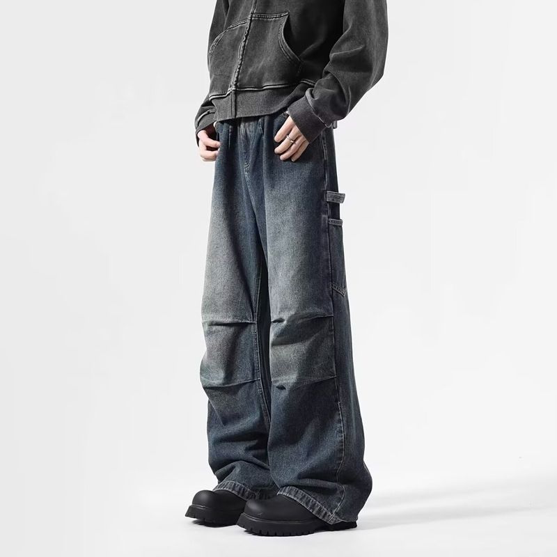 FUIV American Style Jeans Men's Summer Design Sense Fashion Trend Washed And Worn Workwear Wide Straight Leg Pants_mkmklike.com