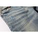Unisex American Y2K Hip Hop Motorcycle Stacked Flared Jeans, Mud-Wash Vintage Blue With Contrast Lining & Large Rips, Black-White Splatter Paint, Brea_mkmklike.com
